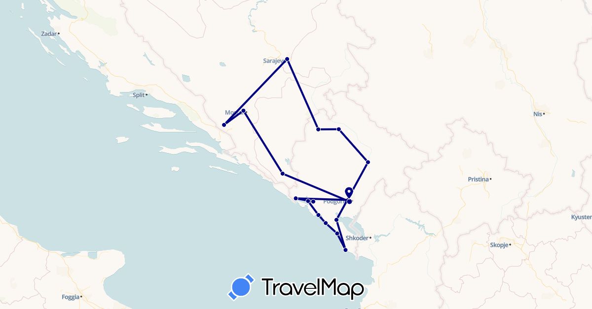 TravelMap itinerary: driving in Bosnia and Herzegovina, Montenegro (Europe)